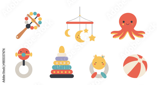 A delightful assortment of colorful baby toys, featuring rattles, a soothing mobile, a stacking rings pyramid, an octopus, and a playful ball.