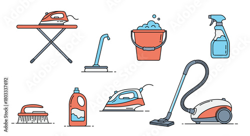 A collection of household cleaning and laundry tools and supplies illustrated in a flat, modern style.