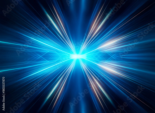 Abstract blue light streaks radiate from a bright center, creating a dynamic and futuristic effect.  The image evokes energy and motion with its vibrant colors.