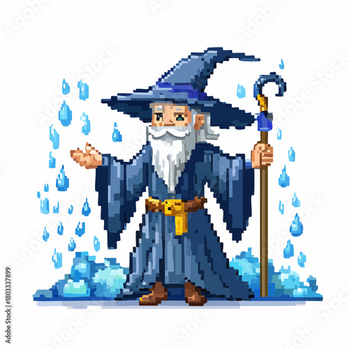 Pixel art wizard in a blue robe and hat casting a rain spell with water droplets and a staff.