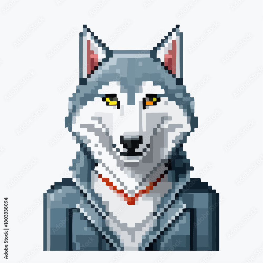 Obraz premium Pixel art illustration of a grey and white wolf character with yellow eyes wearing a suit and red necklace.
