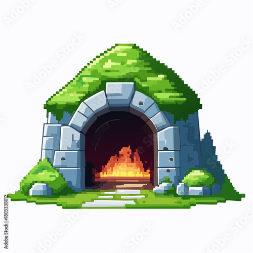 Pixel art stone hut with a green mossy roof and a warm fire burning inside its arched entrance, surrounded by green grass.
