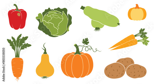 A vibrant assortment of fresh garden vegetables, including peppers, cabbage, zucchini, carrots, pumpkins, and potatoes, isolated on white.