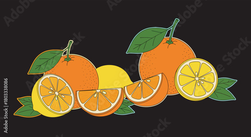 A vibrant illustration of fresh citrus fruits, including whole and sliced oranges and lemons with green leaves, arranged on a dark background.