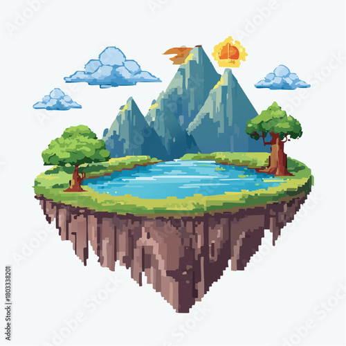 Pixel art floating island with mountains, lake, trees, and clouds under a sunny sky, retro game aesthetic.