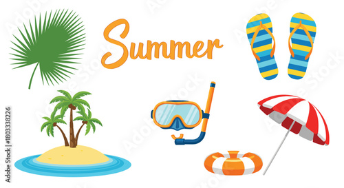 A vibrant collection of summer-themed elements, including beach accessories, a tropical island, and a palm leaf, set against a white background.