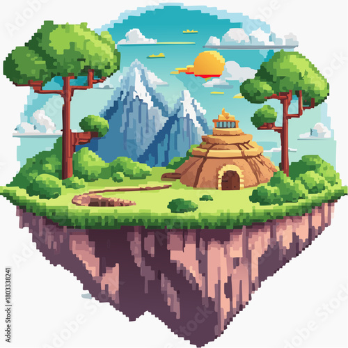 Pixel art floating island with trees, mountains, a hut, and a winding path under a sunny sky.