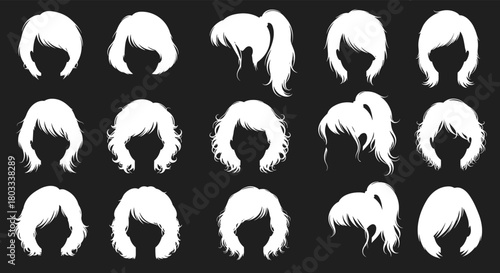 A diverse collection of female hair silhouettes and various hairstyles, ranging from short bobs to long ponytails, perfect for fashion and beauty concepts.