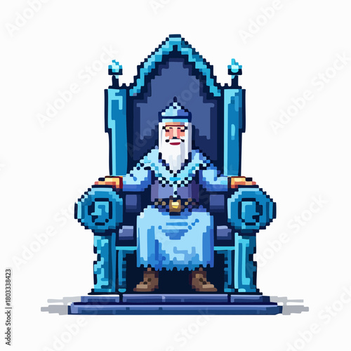 Pixel art depiction of an old king or wizard with a white beard, wearing blue robes, sitting on an ornate blue throne.
