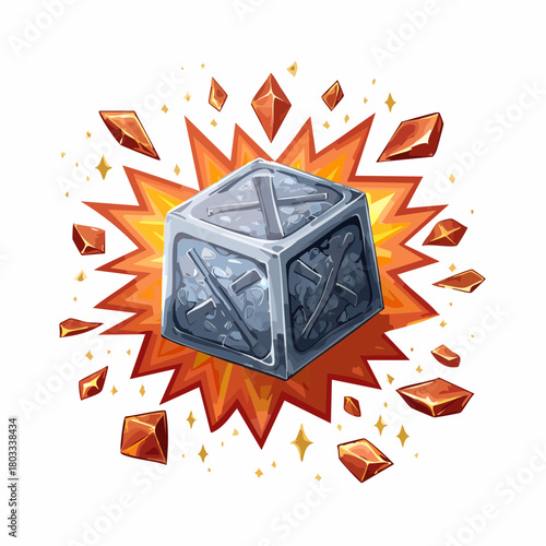 A stylized grey cube with pickaxe symbols exploding, surrounded by red crystals and golden sparks, on a white background.