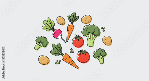 A colorful and fresh assortment of healthy vegetables, including illustrated carrots, broccoli, tomatoes, potatoes, and radishes, arranged on a light background.