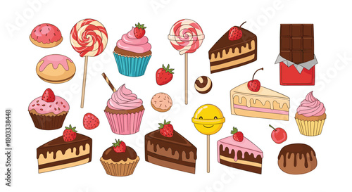 A vibrant arrangement of assorted sweet desserts and colorful candies, featuring delicious cupcakes, cake slices, lollipops, and chocolate.