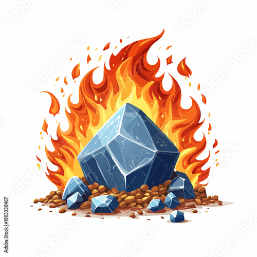 A large blue crystal engulfed in vibrant orange flames, surrounded by smaller blue gems and brown pebbles, on a white background.