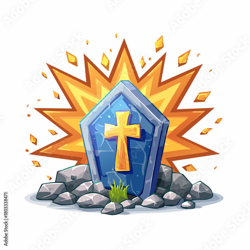 A cartoon illustration of a blue tombstone with a golden cross, surrounded by rocks and grass, set against a vibrant yellow explosion.