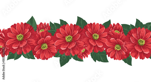 Red dahlia-like flowers with green leaves forming a cheerful and vibrant decorative border, a colorful vector illustration on a white background.