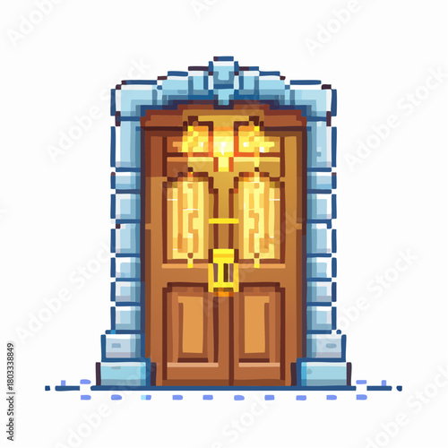 A pixel art style wooden door with glowing golden panels and a blue stone archway, reminiscent of a fantasy game.
