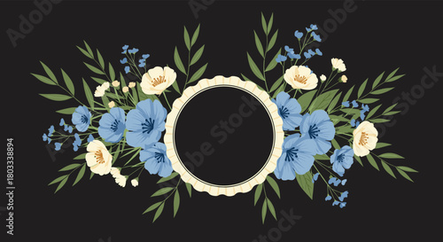 Elegant circular floral frame featuring delicate blue and cream flowers intertwined with lush green leaves, set against a deep black background.