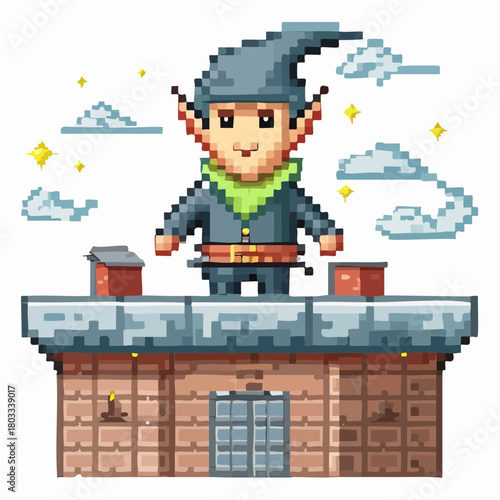 Pixel art illustration of a cute elf character with pointy hat and ears standing on a brick rooftop with chimneys, clouds, and stars in the background.