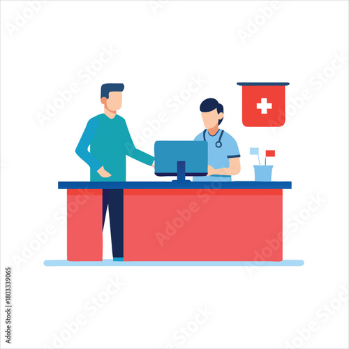 Man at the reception desk in the interior of the hospital. Vector flat style cartoon illustration.