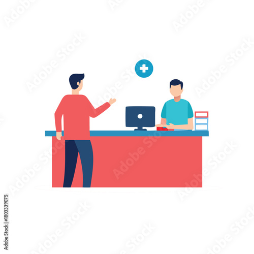 Man at the reception desk in the interior of the hospital. Vector flat style cartoon illustration.