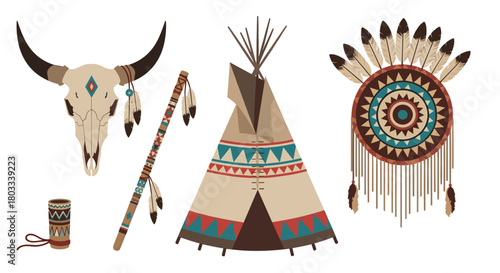 Set of traditional Native American cultural elements, featuring a buffalo skull, a teepee, a decorated staff, and a feathered shield design.