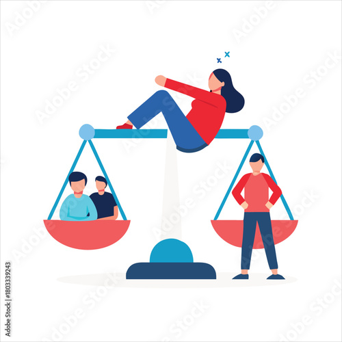 Health and work on scales. People balance job, money and sleep. Comparison business stress and healthy life. Tiny employees vector concept. Measurement equality health and work illustration
