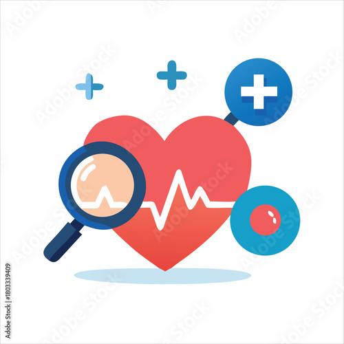 red heart with pulse line with magnifier and plus icon. heartbeat or cardiogram, pulse beat measure, cardiac assistance, medical first aid and health care

