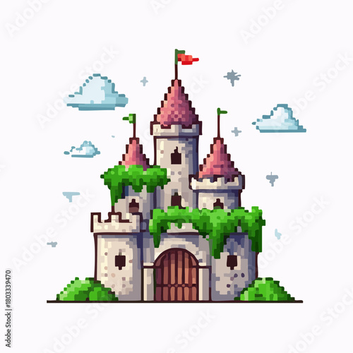 A charming pixel art illustration of a fantasy castle with pink turrets and green ivy, set against a whimsical sky with clouds and stars.