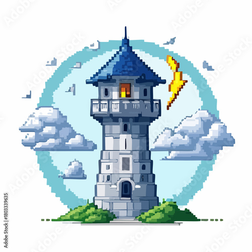 Detailed pixel art illustration of a majestic lighthouse with a blue roof, standing tall amidst clouds and a striking lightning bolt in the sky.