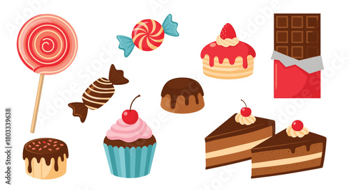 Variety of confectionery items and baked goods including chocolate cakes, cupcakes, lollipops, and candies, set against a clean white backdrop.
