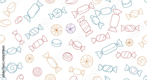 Colorful and playful seamless pattern featuring various outline candies like wrapped sweets, lollipops, and round confections on a white background.