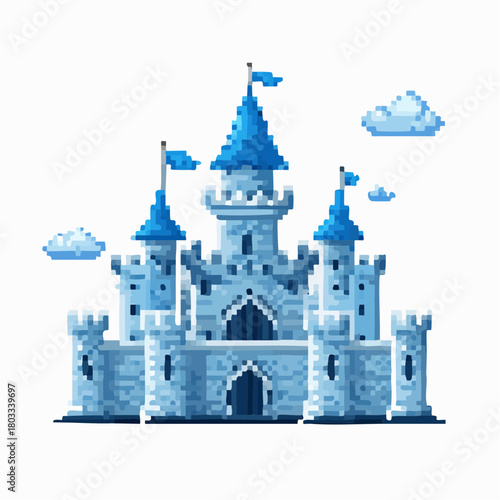 A charming pixel art castle with blue roofs and flags, set against a white background with fluffy pixel clouds.