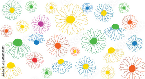 Colorful outlined flowers with bright centers, resembling daisies, arranged in a playful and artistic scattered pattern on a clean white background.