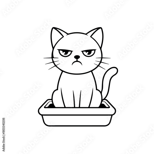 Vector a grumpy cartoon cat with an angry expression sitting in a litter box outlined in black and white