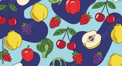 A vibrant hand-drawn seamless pattern featuring an assortment of colorful fruits and vegetables on a wavy blue background, celebrating healthy eating.