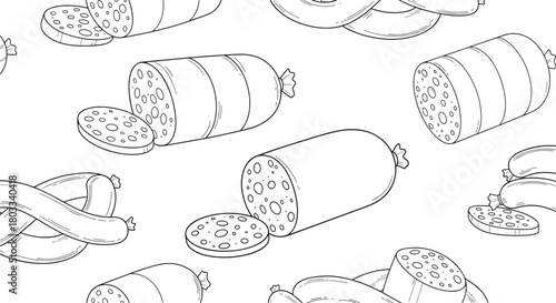 Monochrome line art seamless pattern showcasing a delicious variety of sausages, including sliced salami and bologna.