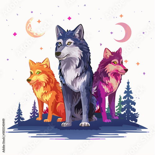 Three colorful stylized wolves sitting under a starry night sky with crescent moons and pine trees, vector art.