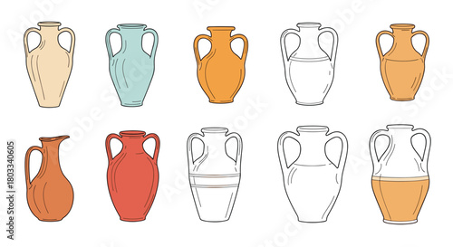 A collection of ancient ceramic amphorae and jugs in various colors and outline styles, illustrating historical pottery forms.