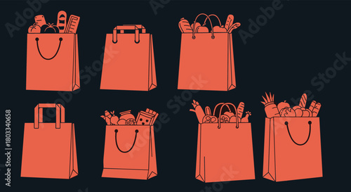 A collection of various shopping bags, some filled with fresh groceries like fruits, vegetables, and bread, while others are empty and ready for use.