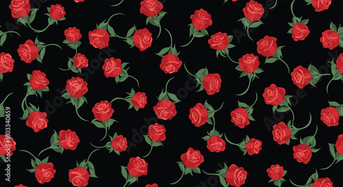 A vibrant and elegant seamless pattern of classic red roses with green foliage, beautifully scattered on a deep black background.