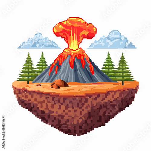 Pixel art floating island with an erupting volcano, surrounded by green pine trees and white clouds.