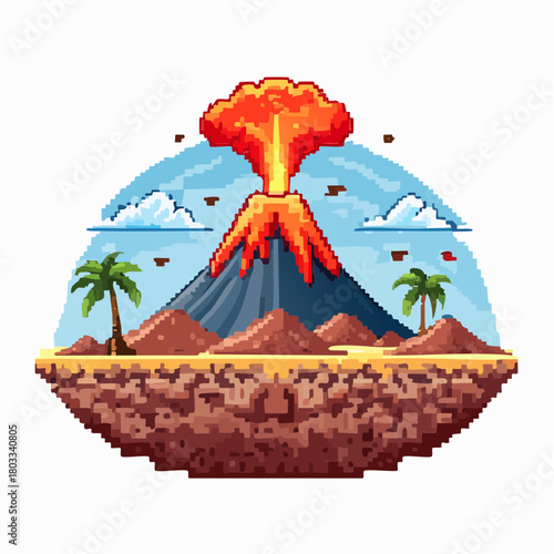 Pixel art illustration of a volcanic eruption on a tropical island with palm trees and clouds under a blue sky.
