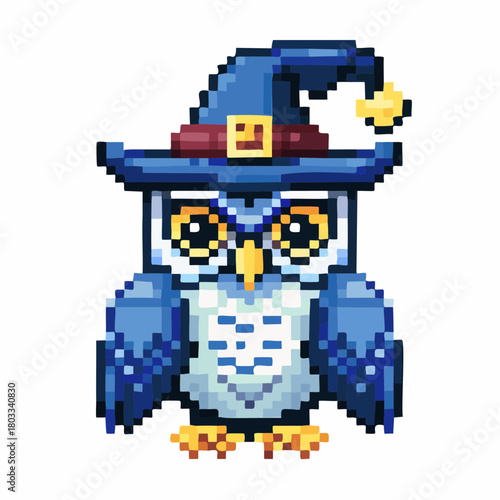 Charming pixel art blue owl wearing a wizard hat, retro 8-bit style illustration.