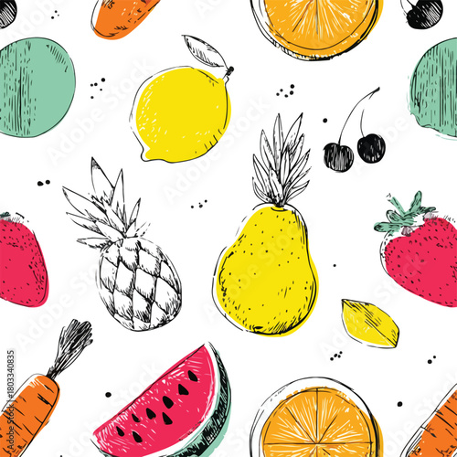 Vibrant Hand-Drawn Fruit and Vegetable background Illustration - Freshness and Healthy Eating