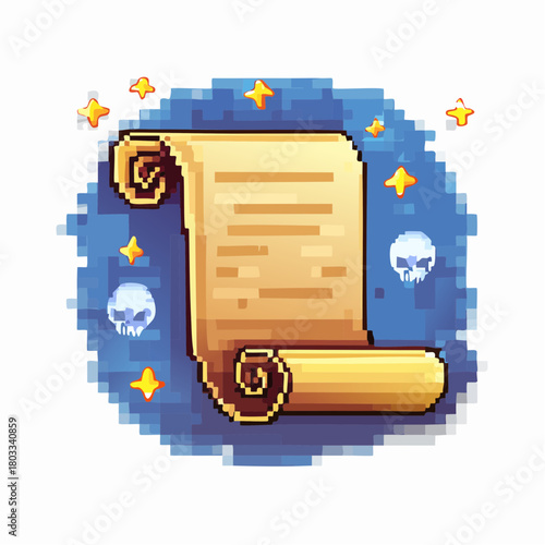 Pixel art golden scroll with stars and skulls on a blue background, evoking a fantasy or magical theme.