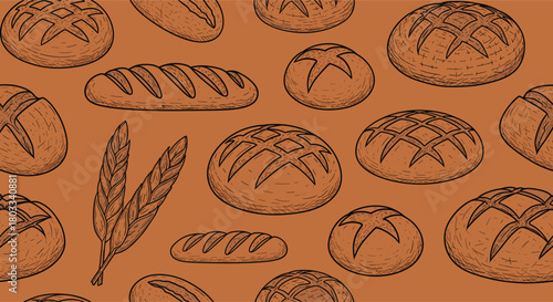 Hand-drawn seamless pattern featuring various types of fresh bread loaves and wheat ears on a warm brown background.
