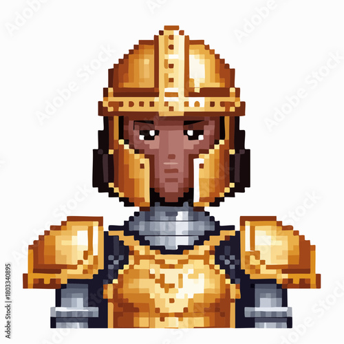 Pixel art portrait of a dark-skinned knight in golden armor and helmet, fantasy character design.