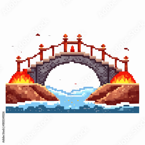 A pixel art stone bridge with red railings over a blue river, flanked by fiery lava pits on rocky terrain.