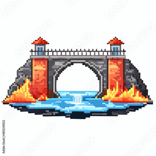 A pixel art illustration of an ancient stone bridge with two towers, spanning over a river with fiery banks, in a retro game style.
