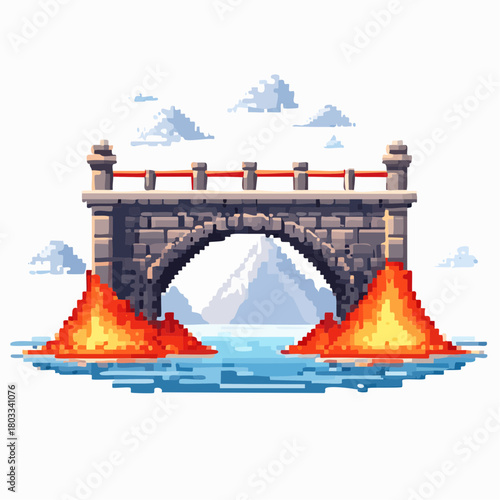 Pixel art illustration of a stone bridge spanning a river with fiery lava banks, set against a backdrop of distant mountains and clouds.